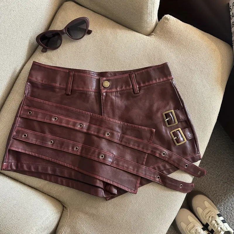 2026 New Retro Design Spice Girl Style Sexy A Word Super Shorts Pu Leather Shorts Skirts Women