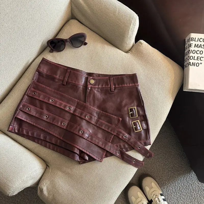 2026 New Retro Design Spice Girl Style Sexy A Word Super Shorts Pu Leather Shorts Skirts Women