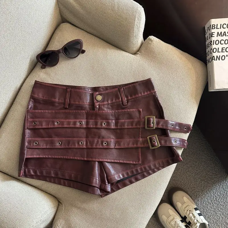 2026 New Retro Design Spice Girl Style Sexy A Word Super Shorts Pu Leather Shorts Skirts Women