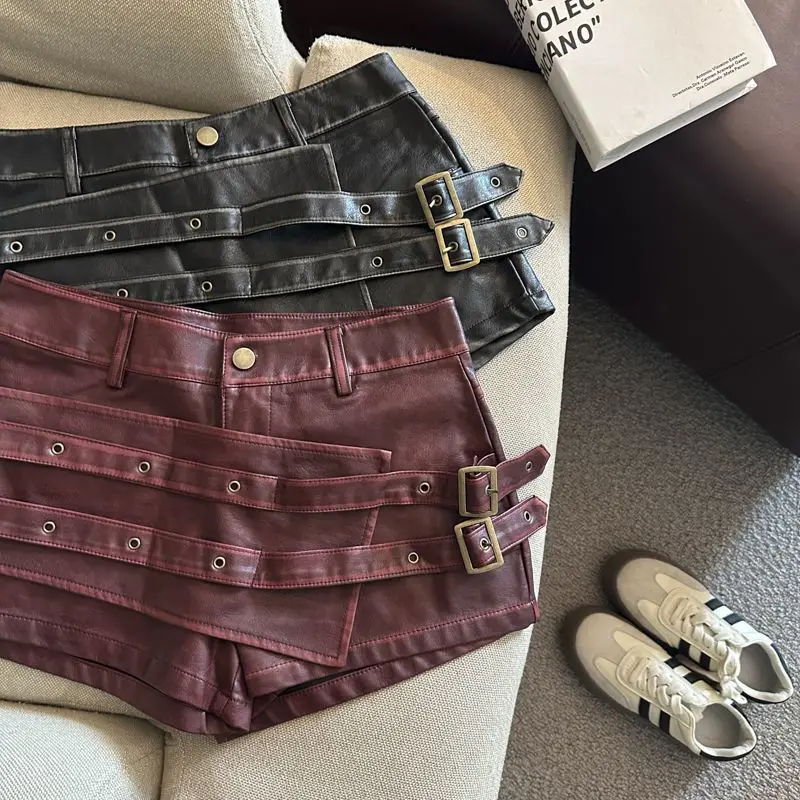 2026 New Retro Design Spice Girl Style Sexy A Word Super Shorts Pu Leather Shorts Skirts Women