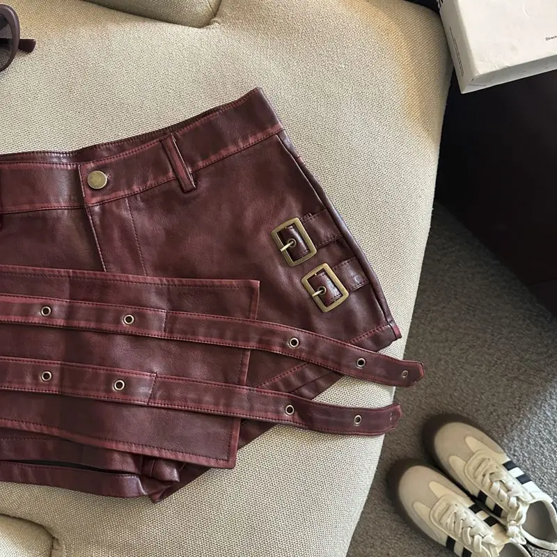 2026 New Retro Design Spice Girl Style Sexy A Word Super Shorts Pu Leather Shorts Skirts Women