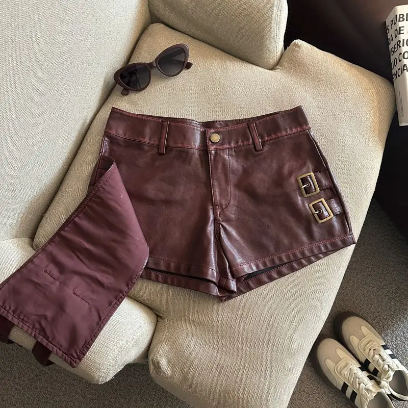 2026 New Retro Design Spice Girl Style Sexy A Word Super Shorts Pu Leather Shorts Skirts Women