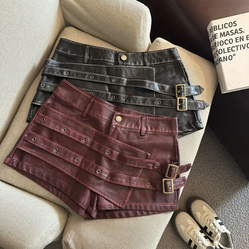 2026 New Retro Design Spice Girl Style Sexy A Word Super Shorts Pu Leather Shorts Skirts Women