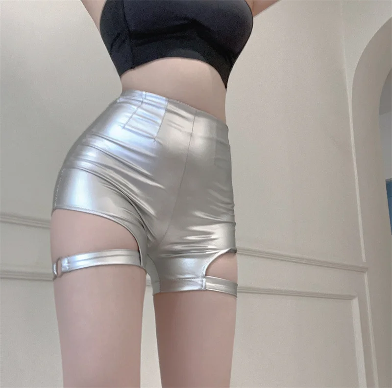 Spicy Girls High Waist Shorts Tight Wrap Hip Sports Pants Casual Pants Women Wrap Buttocks Silver Strap Hollowed Out CL4I Sexy