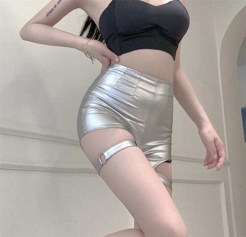 Spicy Girls High Waist Shorts Tight Wrap Hip Sports Pants Casual Pants Women Wrap Buttocks Silver Strap Hollowed Out CL4I Sexy