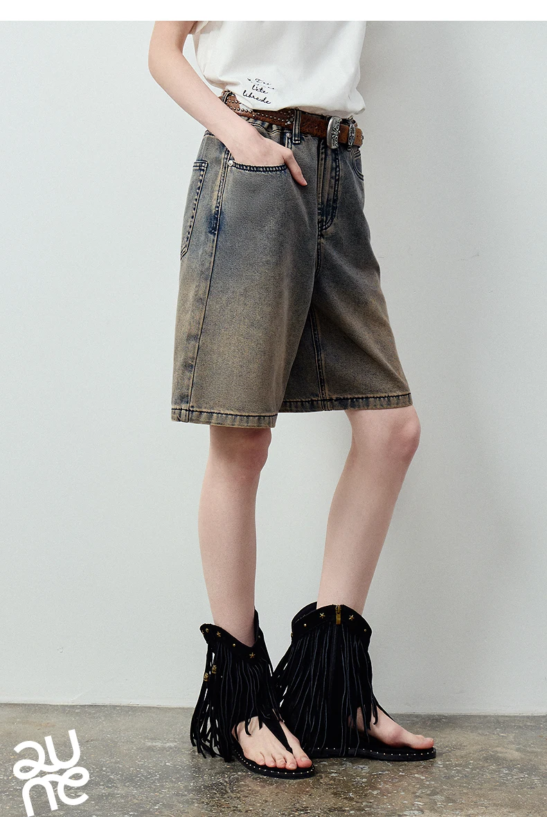 TOYOUTH Women's High Waist Wide Leg Denim Shorts 2026 Summer New Acetate Puff Vintage Blue 5-Pocket Hot Pants