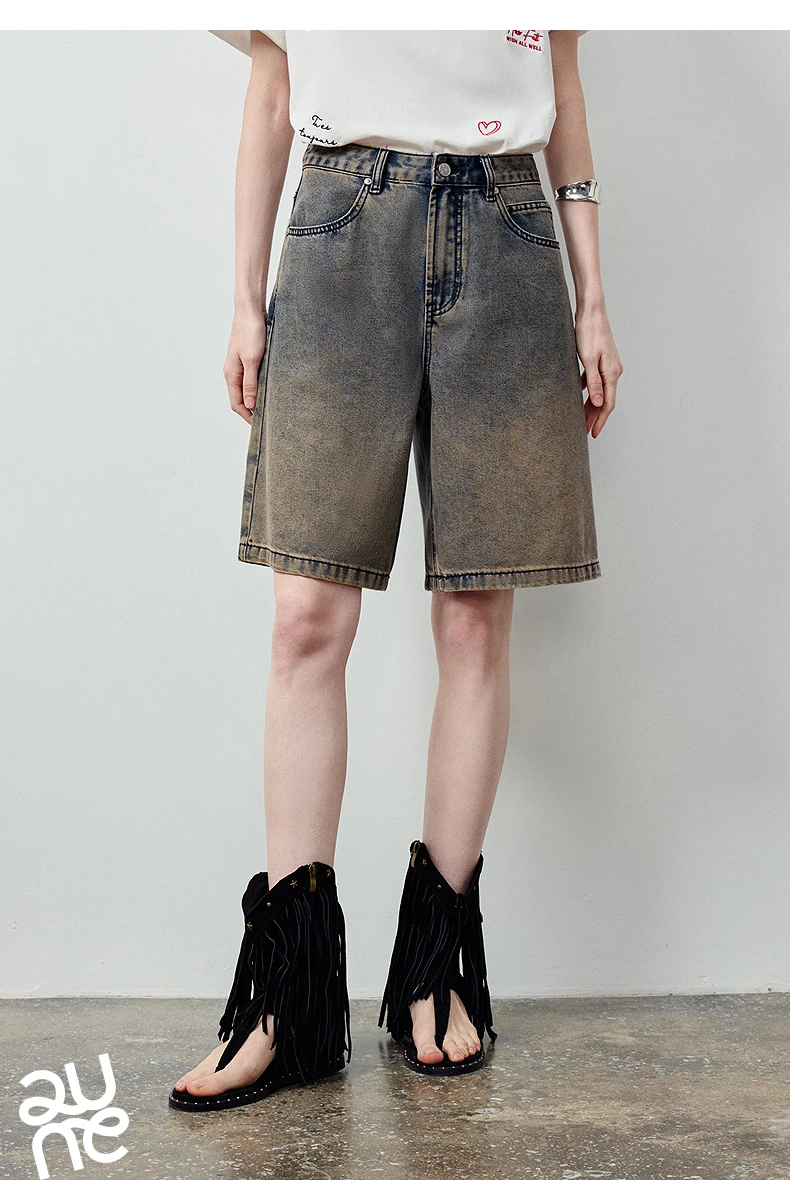 TOYOUTH Women's High Waist Wide Leg Denim Shorts 2026 Summer New Acetate Puff Vintage Blue 5-Pocket Hot Pants
