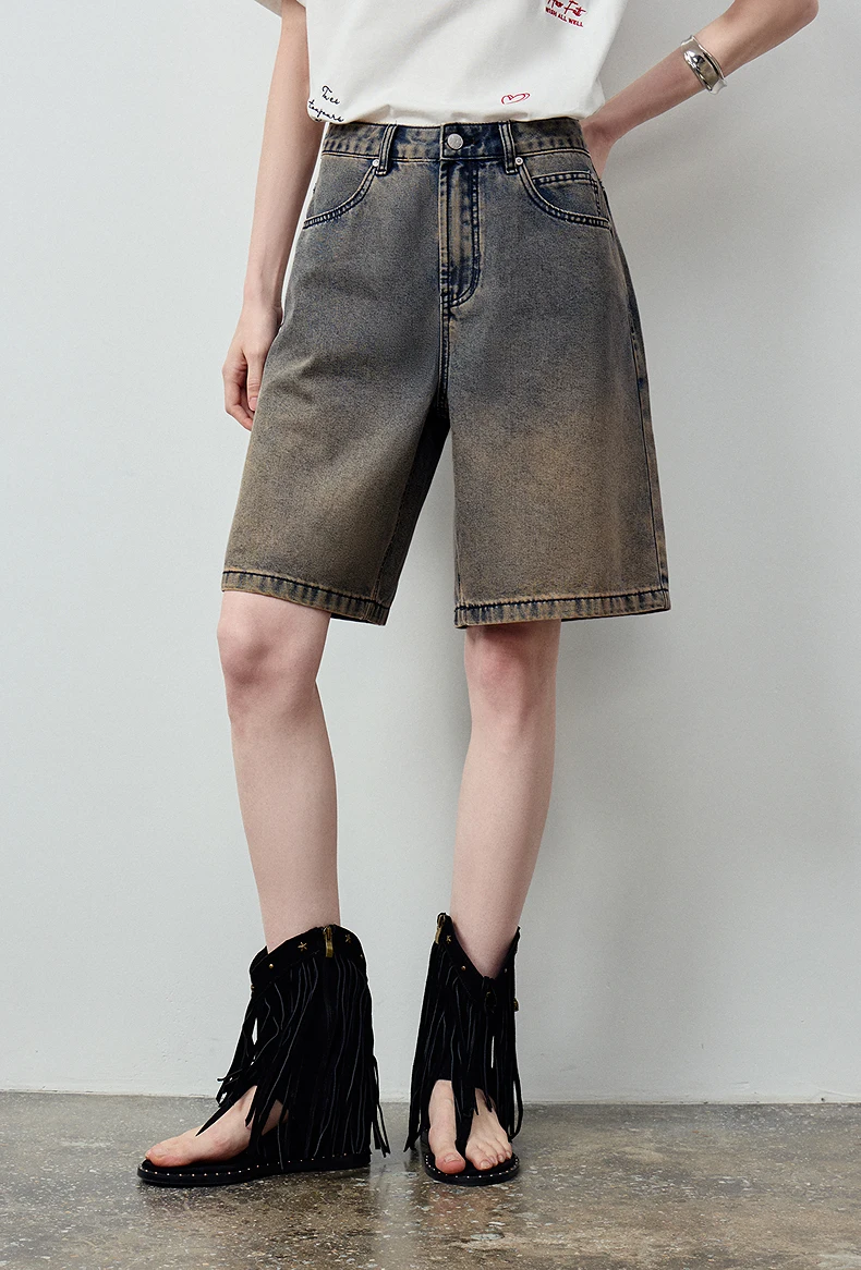 TOYOUTH Women's High Waist Wide Leg Denim Shorts 2026 Summer New Acetate Puff Vintage Blue 5-Pocket Hot Pants