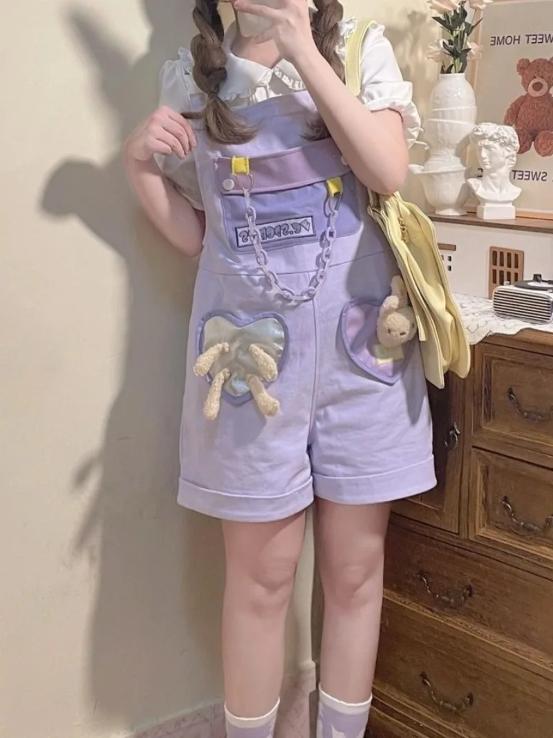 Kawaii Japanese Girls Overalls 2026 Women Clothing Sweet Purple Strap Outfits Chic Casual Y2k Short Suspender Pants