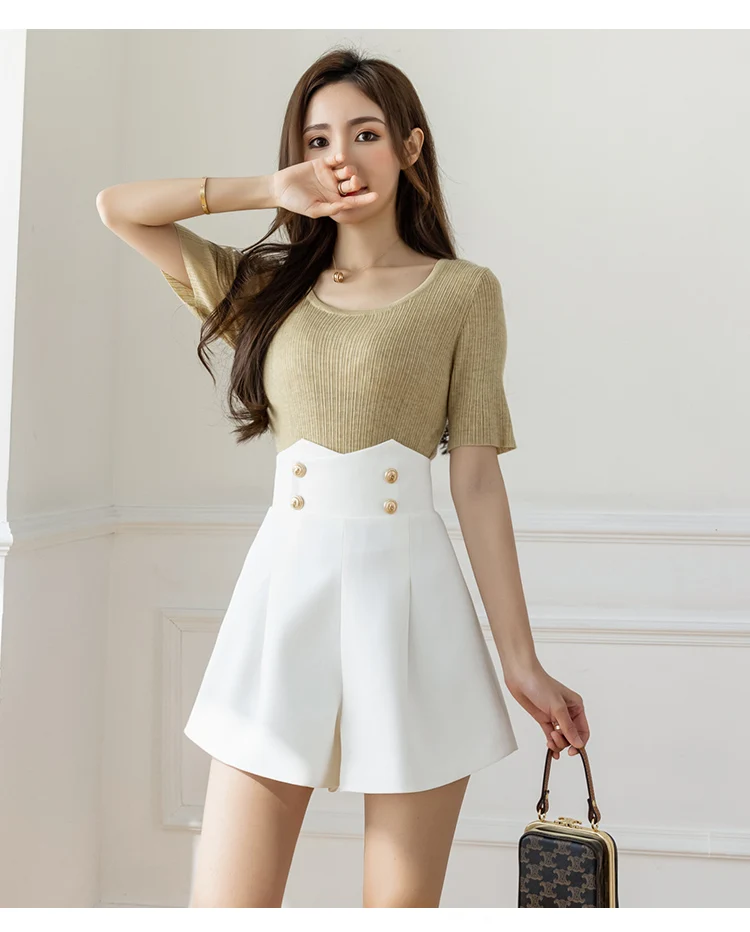 SMTHMA Black White Casual Summer High Waist Suit With Shorts For Women Elegant Buttons Woman Solid Short Pants