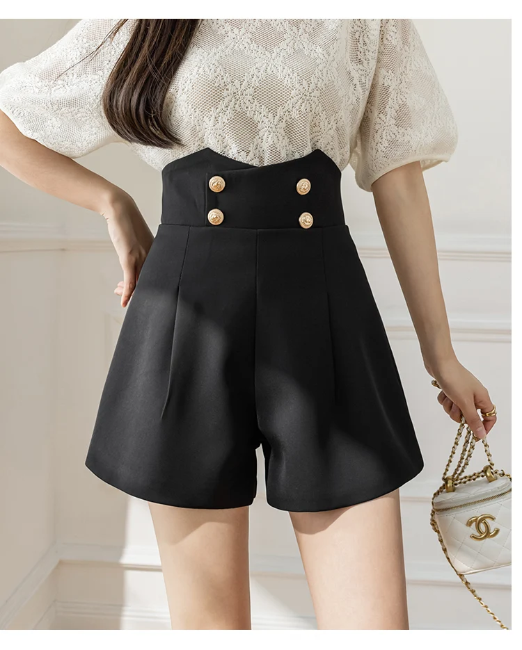 SMTHMA Black White Casual Summer High Waist Suit With Shorts For Women Elegant Buttons Woman Solid Short Pants