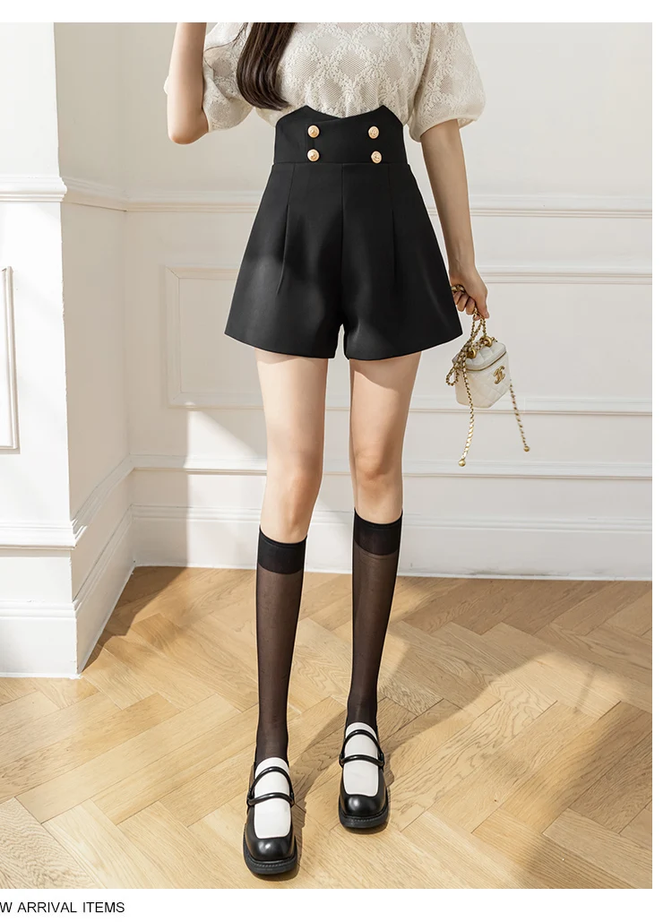 SMTHMA Black White Casual Summer High Waist Suit With Shorts For Women Elegant Buttons Woman Solid Short Pants