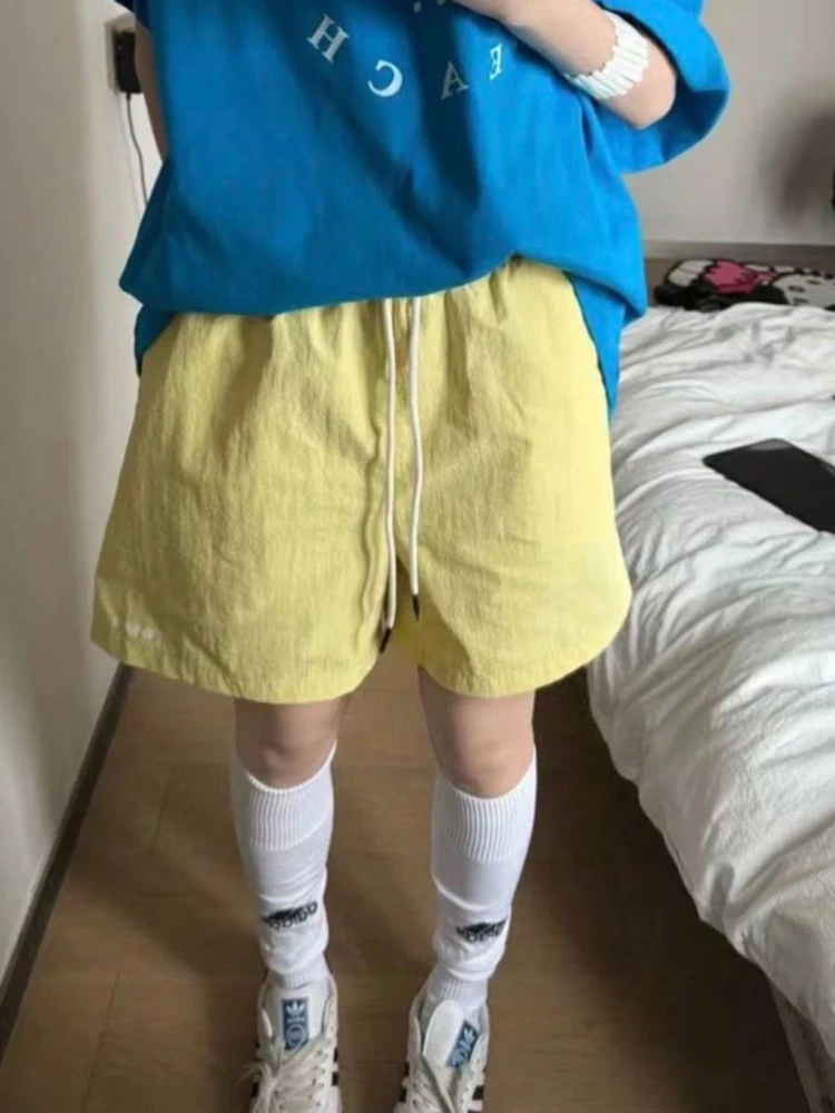 HOUZHOU Harajuku Blue Shorts for Women Korean Style Baggy Sport Short Pants Casual Fashion High Waist Retro Wide Leg Shorts