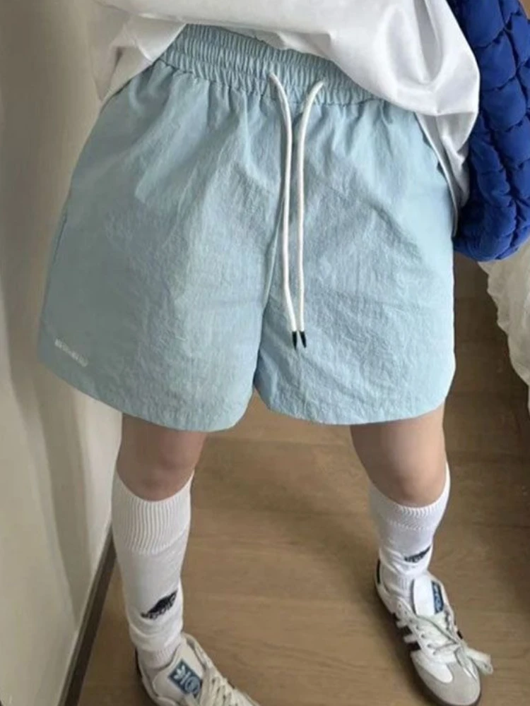 HOUZHOU Harajuku Blue Shorts for Women Korean Style Baggy Sport Short Pants Casual Fashion High Waist Retro Wide Leg Shorts
