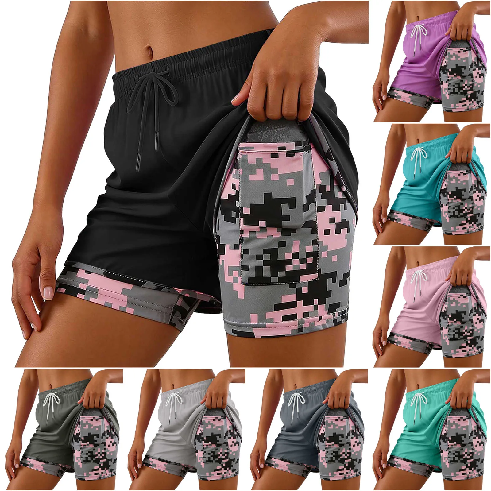 2-In-1 Women Yoga Shorts Fake Two-Piece Drawstring Elastic Waist Quick Drying Sport Shorts Summer Camouflage Gym Workout Pants