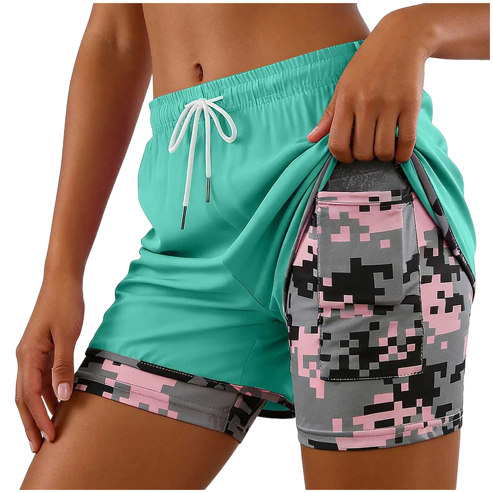 2-In-1 Women Yoga Shorts Fake Two-Piece Drawstring Elastic Waist Quick Drying Sport Shorts Summer Camouflage Gym Workout Pants