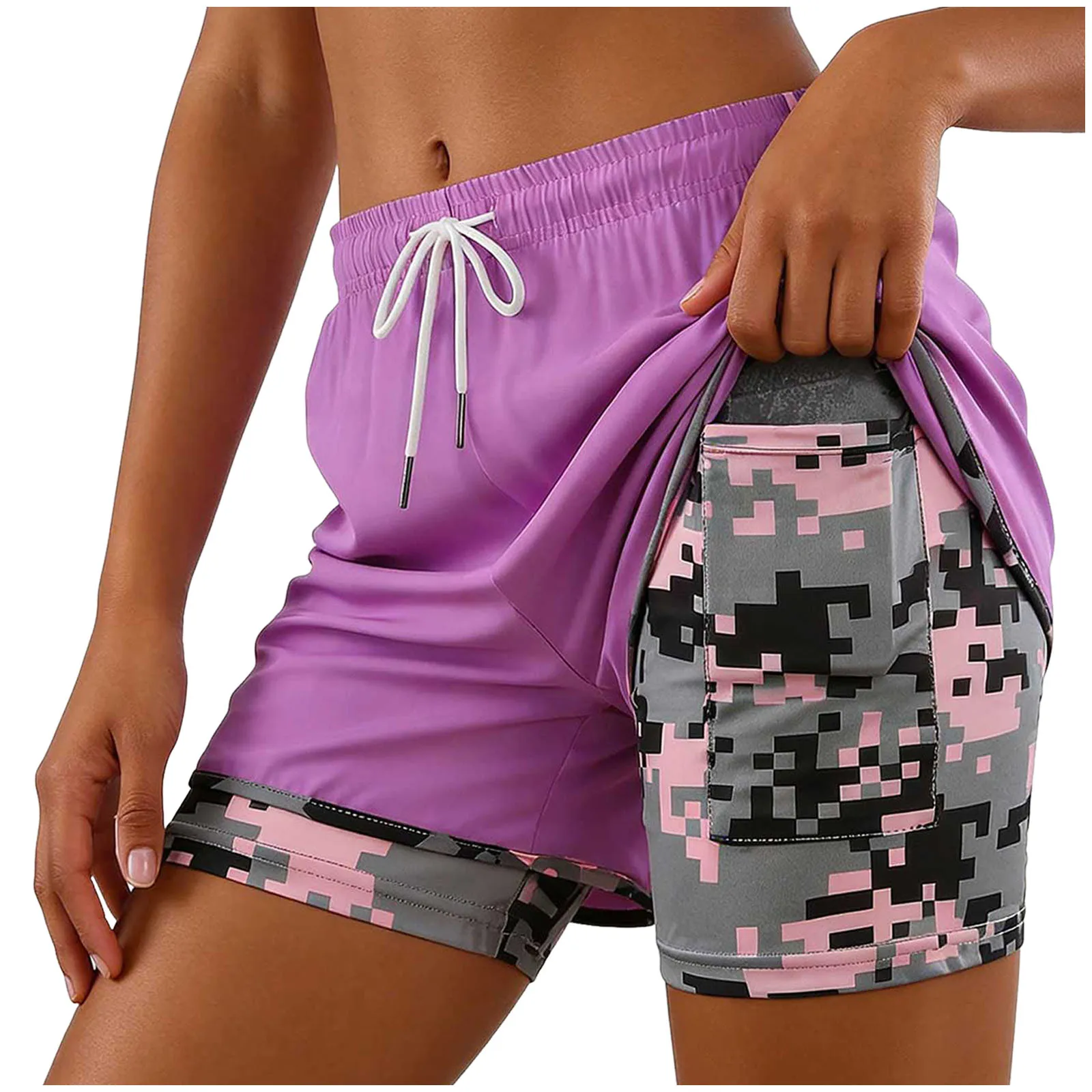 2-In-1 Women Yoga Shorts Fake Two-Piece Drawstring Elastic Waist Quick Drying Sport Shorts Summer Camouflage Gym Workout Pants
