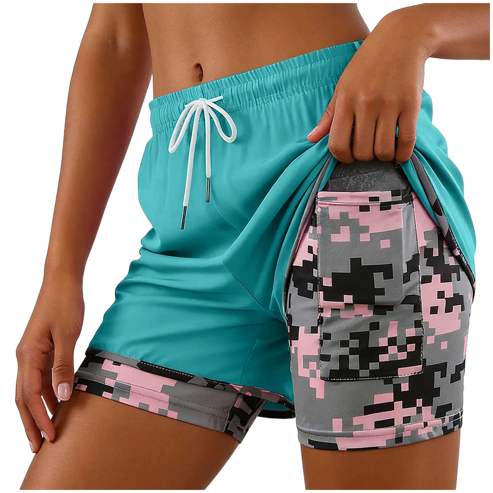 2-In-1 Women Yoga Shorts Fake Two-Piece Drawstring Elastic Waist Quick Drying Sport Shorts Summer Camouflage Gym Workout Pants