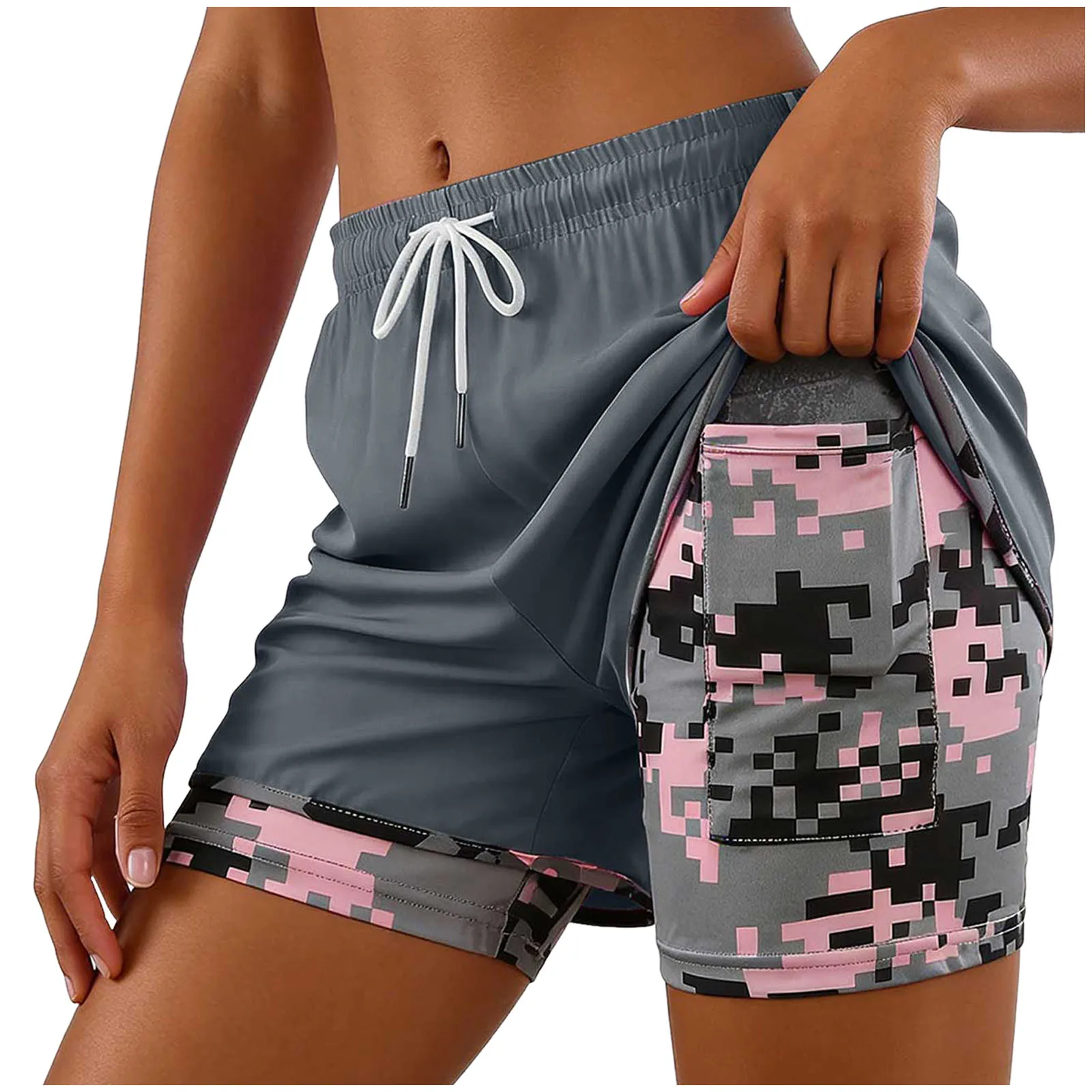 2-In-1 Women Yoga Shorts Fake Two-Piece Drawstring Elastic Waist Quick Drying Sport Shorts Summer Camouflage Gym Workout Pants