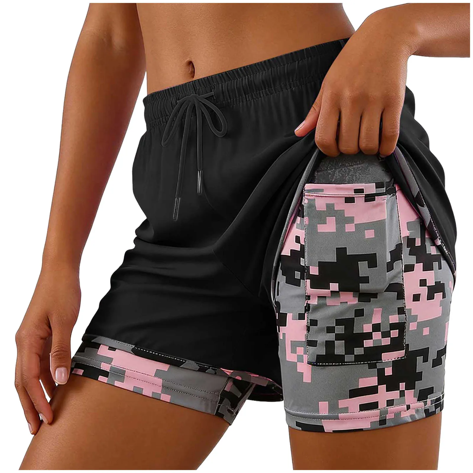 2-In-1 Women Yoga Shorts Fake Two-Piece Drawstring Elastic Waist Quick Drying Sport Shorts Summer Camouflage Gym Workout Pants
