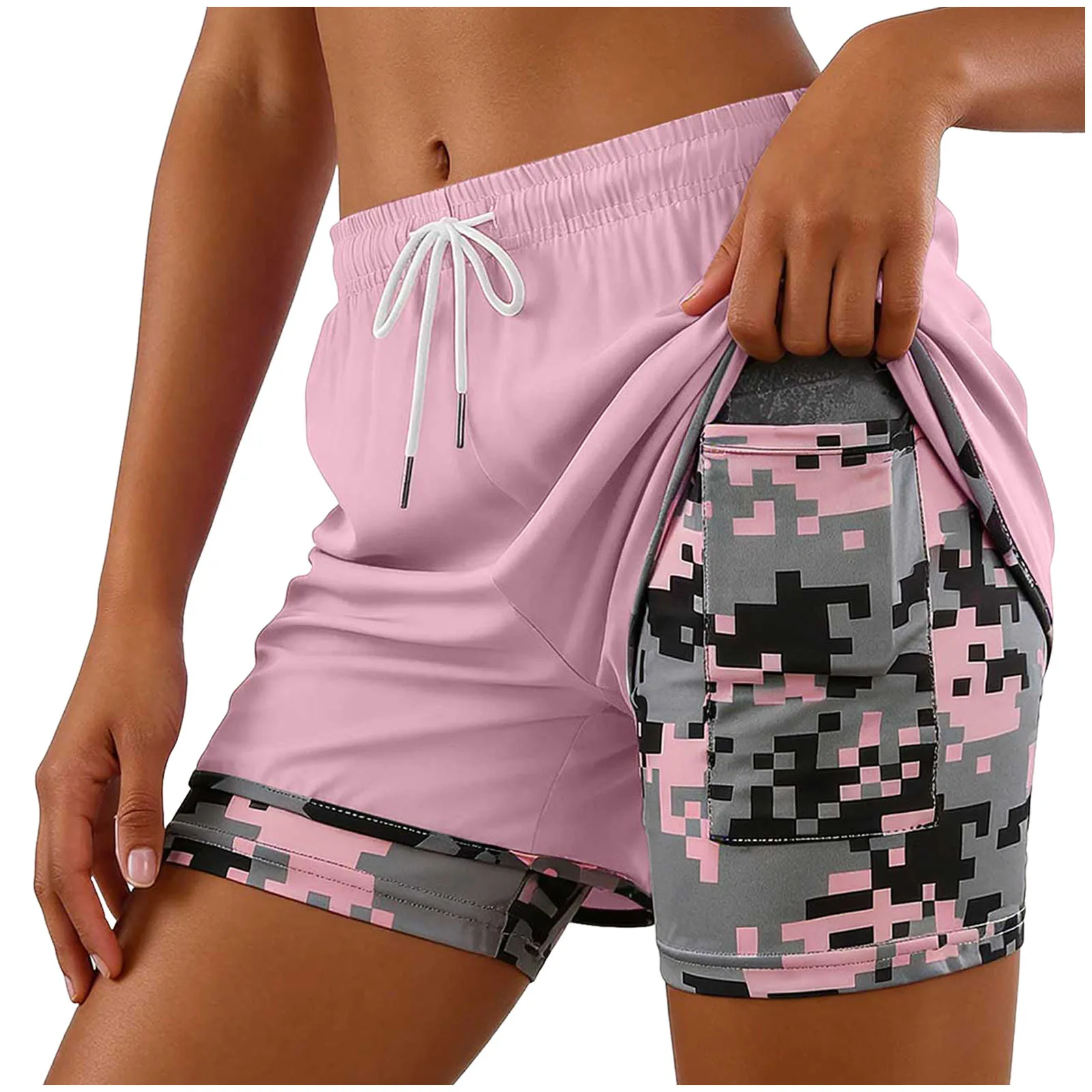 2-In-1 Women Yoga Shorts Fake Two-Piece Drawstring Elastic Waist Quick Drying Sport Shorts Summer Camouflage Gym Workout Pants
