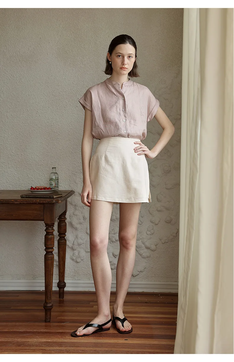 Japanese Style Linen Cotton Straight Shorts Skirts Women's Side Split Slim Casual Double-Layer Shorts Chic Fake Two Clothes