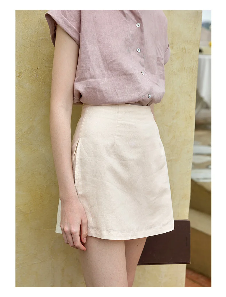 Japanese Style Linen Cotton Straight Shorts Skirts Women's Side Split Slim Casual Double-Layer Shorts Chic Fake Two Clothes