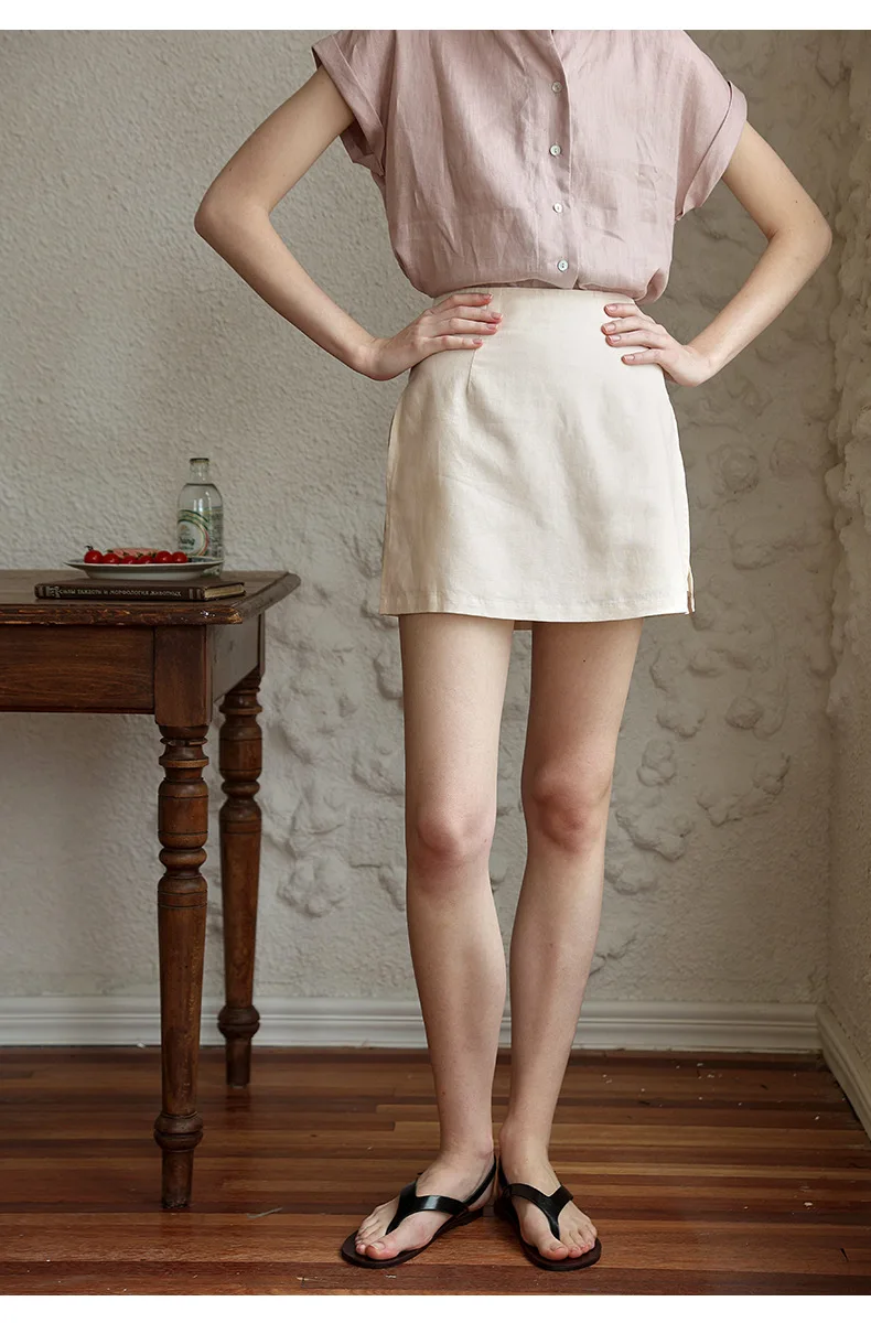 Japanese Style Linen Cotton Straight Shorts Skirts Women's Side Split Slim Casual Double-Layer Shorts Chic Fake Two Clothes
