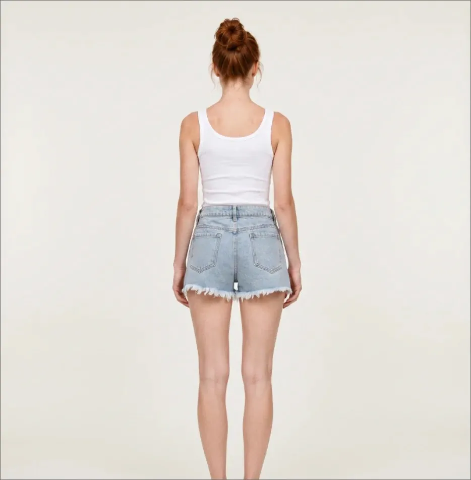 Ripped Denim Shorts Women Casual Minimalist Mid Waist Washed Light Blue Hot Pants Straight Fit Retro Distressed Frayed Shorts