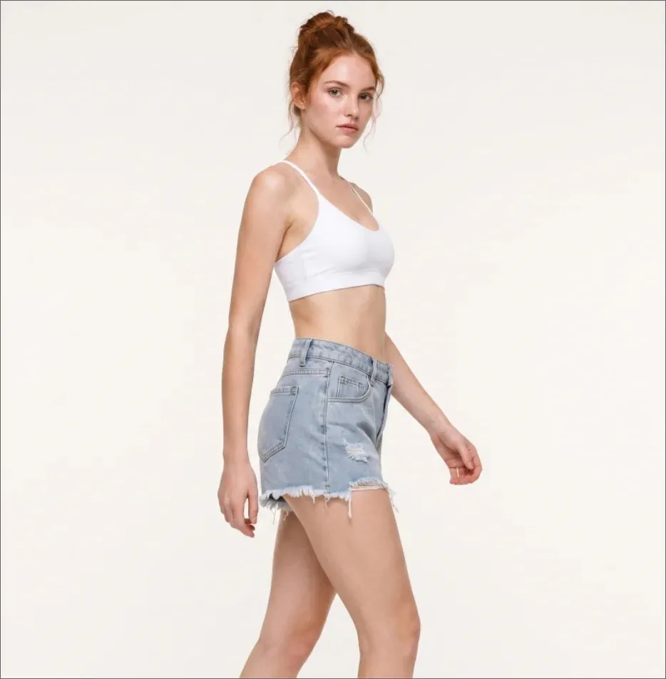 Ripped Denim Shorts Women Casual Minimalist Mid Waist Washed Light Blue Hot Pants Straight Fit Retro Distressed Frayed Shorts