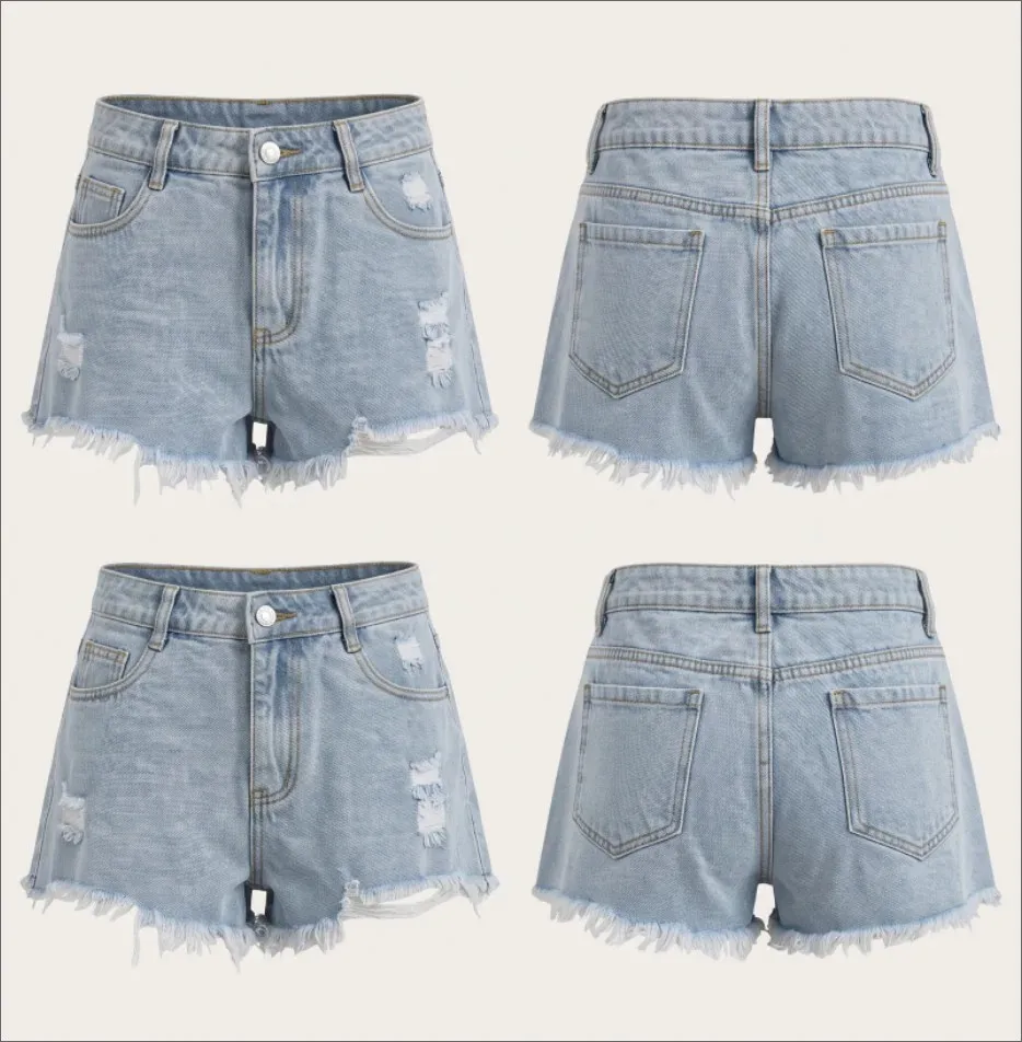 Ripped Denim Shorts Women Casual Minimalist Mid Waist Washed Light Blue Hot Pants Straight Fit Retro Distressed Frayed Shorts