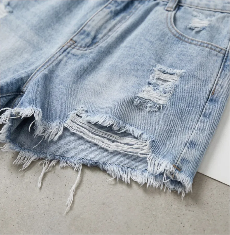Ripped Denim Shorts Women Casual Minimalist Mid Waist Washed Light Blue Hot Pants Straight Fit Retro Distressed Frayed Shorts