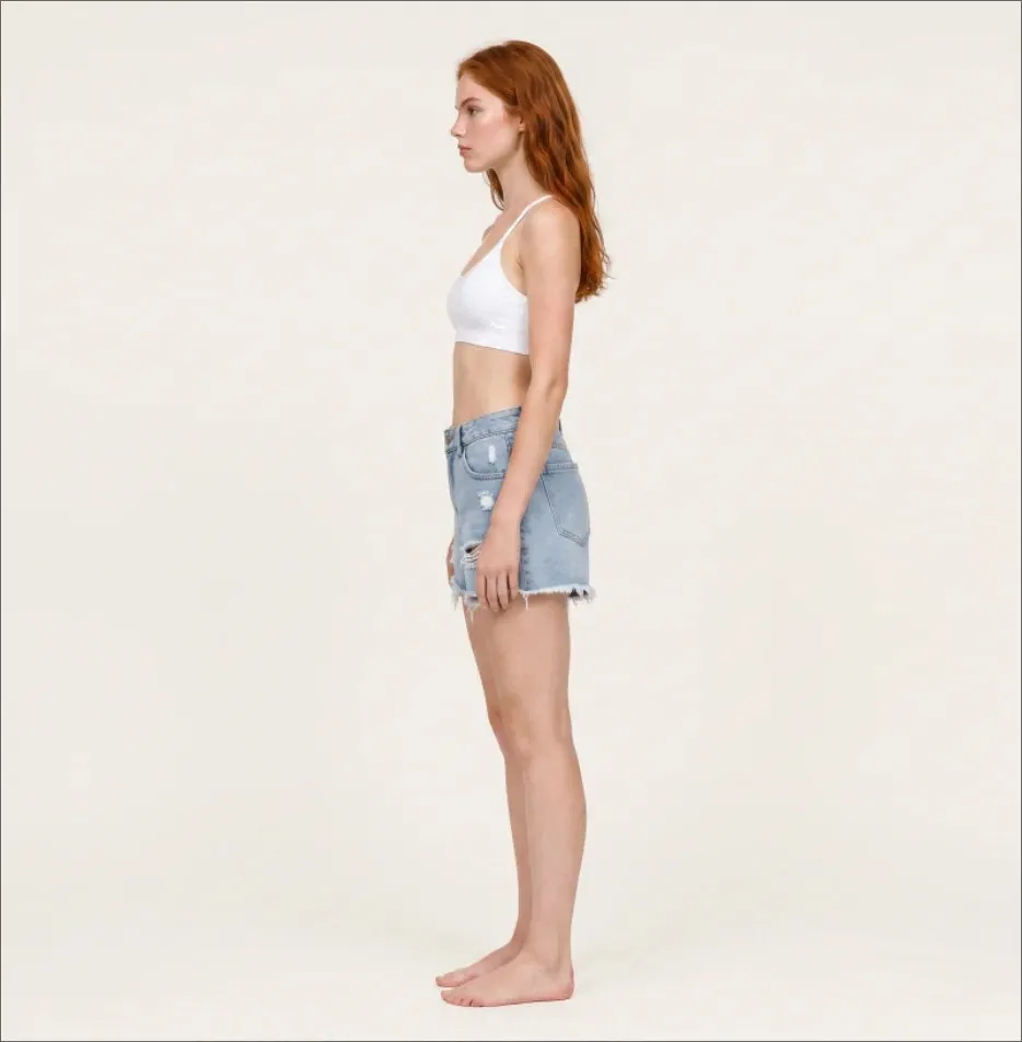 Ripped Denim Shorts Women Casual Minimalist Mid Waist Washed Light Blue Hot Pants Straight Fit Retro Distressed Frayed Shorts