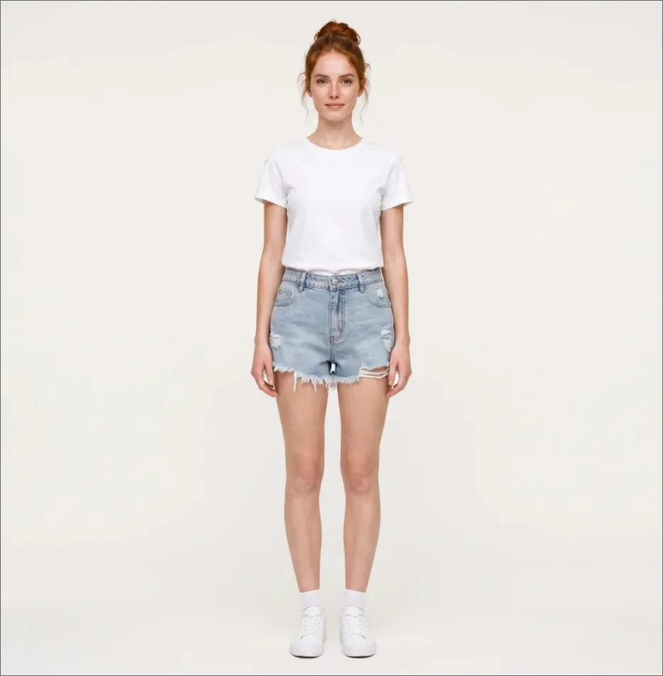 Ripped Denim Shorts Women Casual Minimalist Mid Waist Washed Light Blue Hot Pants Straight Fit Retro Distressed Frayed Shorts