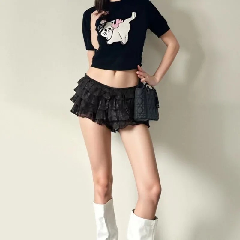 Women Mesh Lace Bloomer Shorts Y2k Layered Ruffle Frilly Booty Shorts Fairy Bowknot Sexy Boy Shorts Panties Party Clubwear