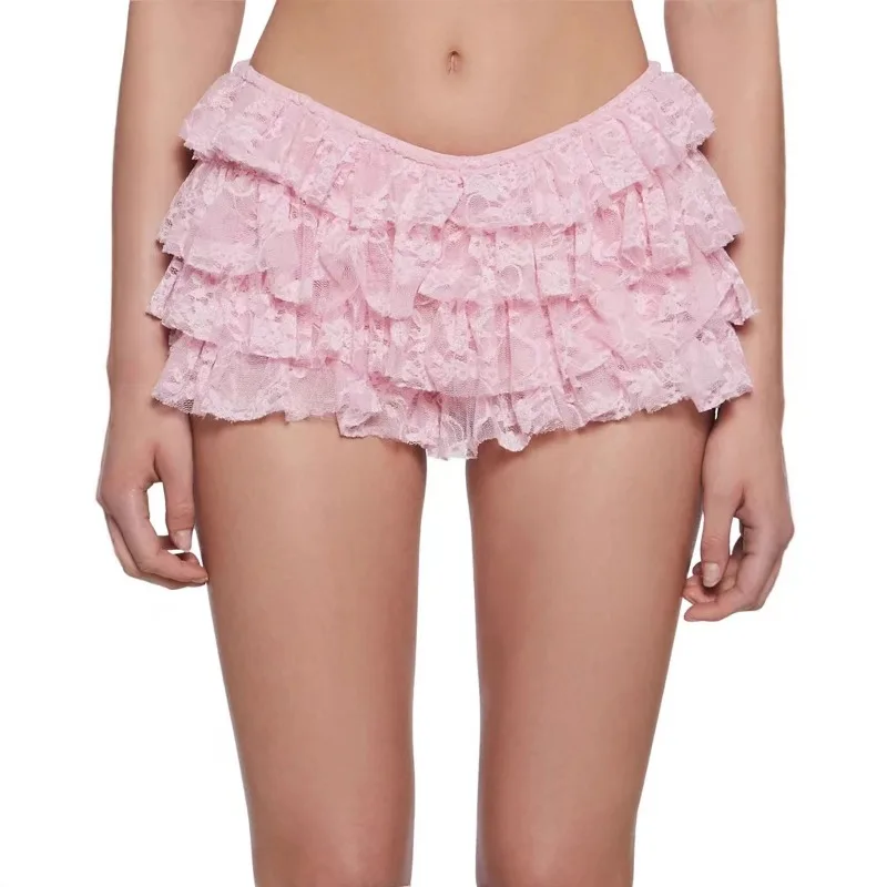 Women Mesh Lace Bloomer Shorts Y2k Layered Ruffle Frilly Booty Shorts Fairy Bowknot Sexy Boy Shorts Panties Party Clubwear