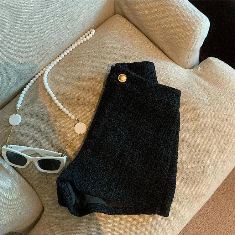 Tweed Shorts Women Korean High Waist Wide Leg Shorts Office Lady Elegant White Black Autumn Winter Casual All Match Short Pants
