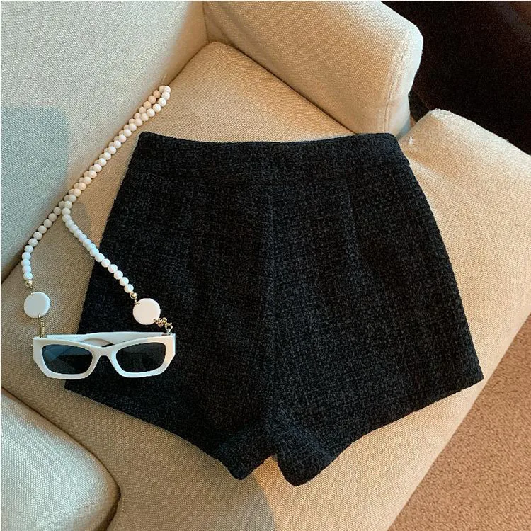 Tweed Shorts Women Korean High Waist Wide Leg Shorts Office Lady Elegant White Black Autumn Winter Casual All Match Short Pants