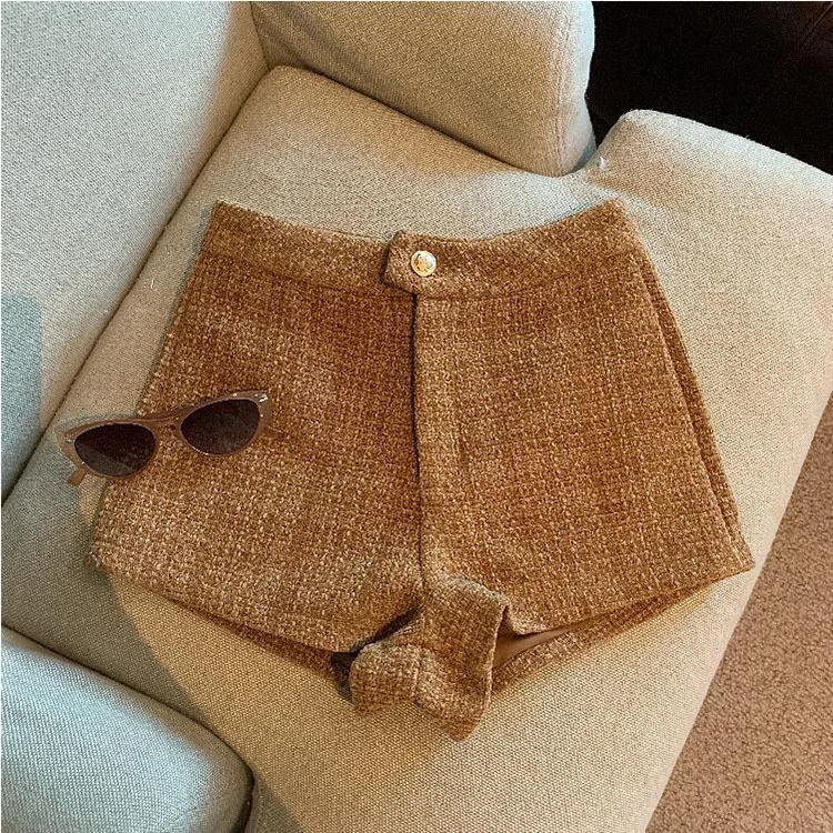 Tweed Shorts Women Korean High Waist Wide Leg Shorts Office Lady Elegant White Black Autumn Winter Casual All Match Short Pants