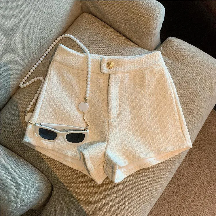 Tweed Shorts Women Korean High Waist Wide Leg Shorts Office Lady Elegant White Black Autumn Winter Casual All Match Short Pants