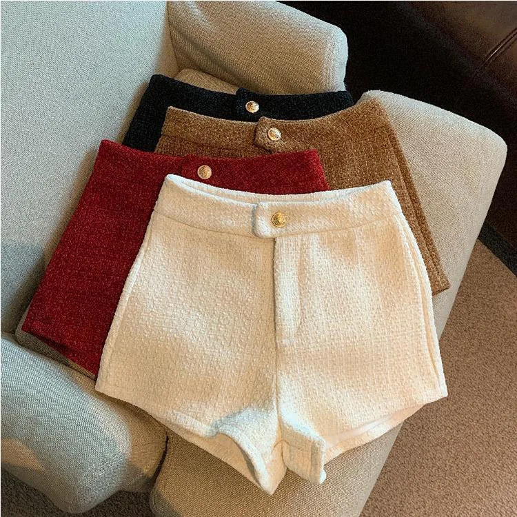Tweed Shorts Women Korean High Waist Wide Leg Shorts Office Lady Elegant White Black Autumn Winter Casual All Match Short Pants