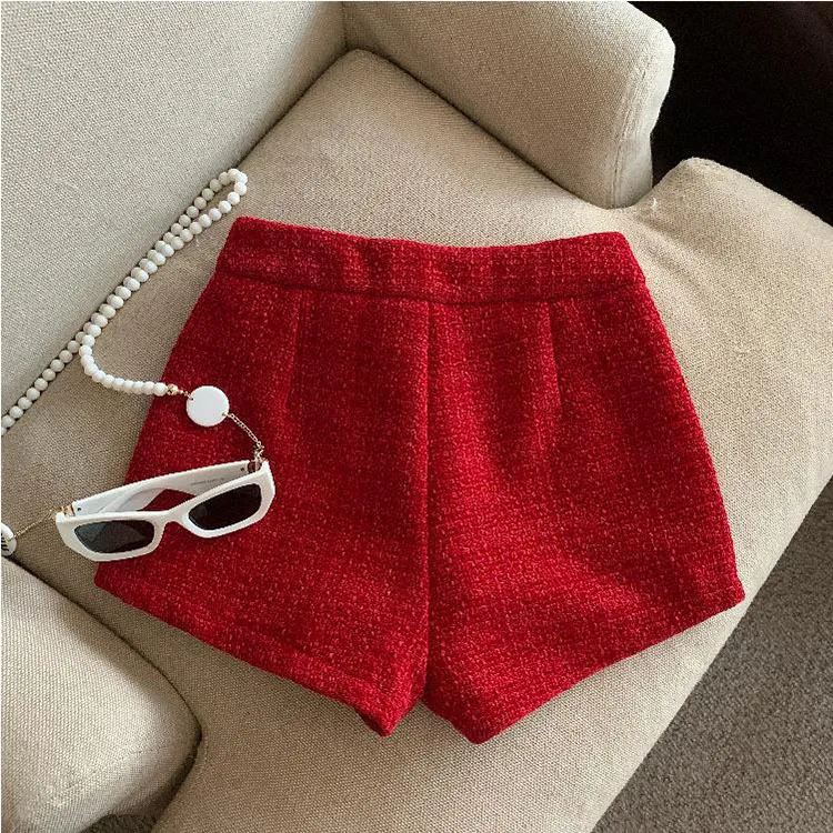 Tweed Shorts Women Korean High Waist Wide Leg Shorts Office Lady Elegant White Black Autumn Winter Casual All Match Short Pants
