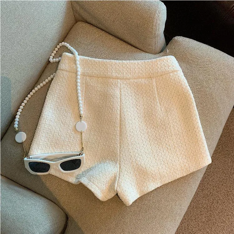 Tweed Shorts Women Korean High Waist Wide Leg Shorts Office Lady Elegant White Black Autumn Winter Casual All Match Short Pants
