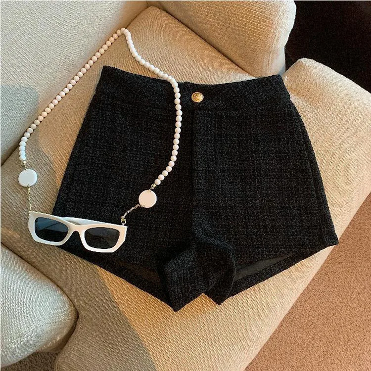 Tweed Shorts Women Korean High Waist Wide Leg Shorts Office Lady Elegant White Black Autumn Winter Casual All Match Short Pants