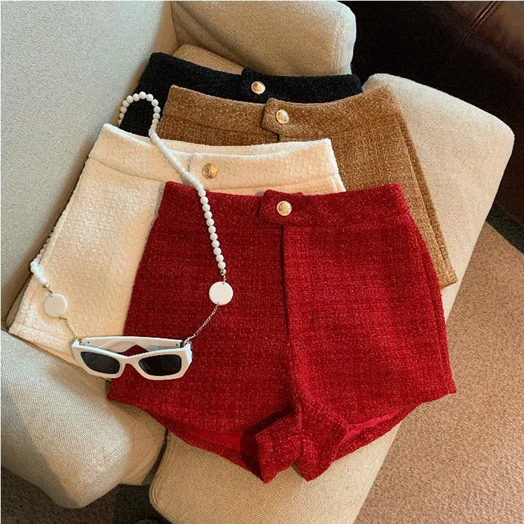 Tweed Shorts Women Korean High Waist Wide Leg Shorts Office Lady Elegant White Black Autumn Winter Casual All Match Short Pants