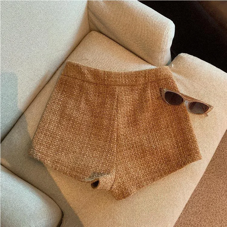 Tweed Shorts Women Korean High Waist Wide Leg Shorts Office Lady Elegant White Black Autumn Winter Casual All Match Short Pants