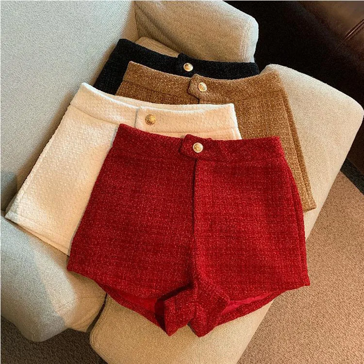 Tweed Shorts Women Korean High Waist Wide Leg Shorts Office Lady Elegant White Black Autumn Winter Casual All Match Short Pants
