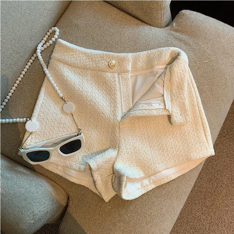 Tweed Shorts Women Korean High Waist Wide Leg Shorts Office Lady Elegant White Black Autumn Winter Casual All Match Short Pants