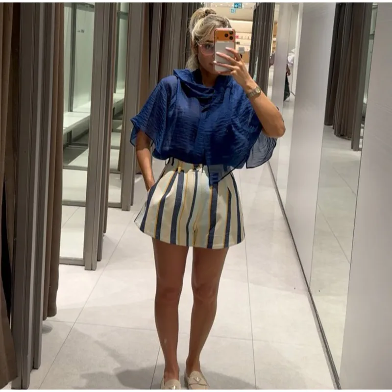 Women Striped Fabric Wide Leg Shorts High Waist Button Side Pockets Casual All-match Short Trousers 2026 Summer Office Outfits