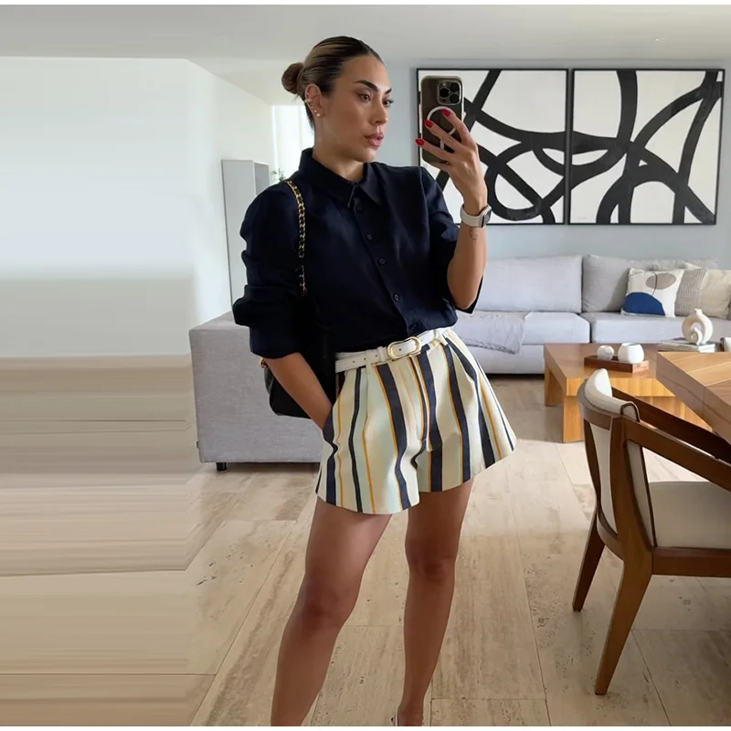 Women Striped Fabric Wide Leg Shorts High Waist Button Side Pockets Casual All-match Short Trousers 2026 Summer Office Outfits